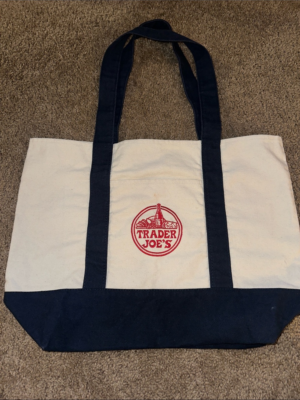 Trader Joe's Large Canvas Tote Bag in White and Navy